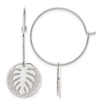 Chisel Stainless Steel Polished Textured Circle with Leaf Dangle Hoop Earrings