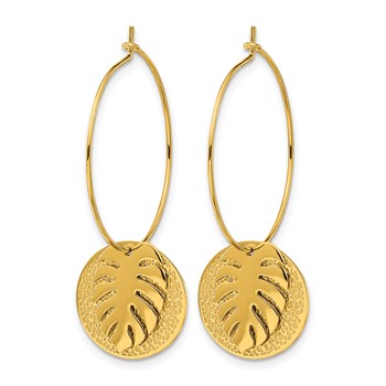Chisel Stainless Steel Polished Textured Yellow IP-plated Leaf Dangle Hoop Earrings — alternate view