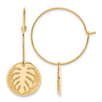 Chisel Stainless Steel Polished Textured Yellow IP-plated Leaf Dangle Hoop Earrings