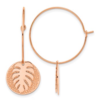 Chisel Stainless Steel Polished Textured Rose IP-plated Circle with Leaf Dangle Hoop Earrings