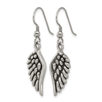 Chisel Stainless Steel Antiqued and Polished Angel Wing Shepherd Hook Earrings — alternate view