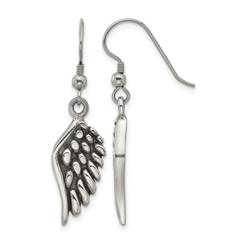 Chisel Stainless Steel Antiqued and Polished Angel Wing Shepherd Hook Earrings