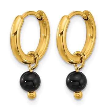 Chisel Stainless Steel Polished Yellow IP-plated with Removeable Black Agate Dangle Hinged Hoop Earrings — alternate view