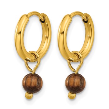 Chisel Stainless Steel Polished Yellow IP-plated with Removeable Tiger's Eye Dangle Hinged Hoop Earrings — alternate view