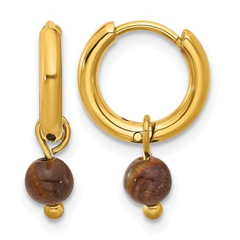 Chisel Stainless Steel Polished Yellow IP-plated with Removeable Tiger's Eye Dangle Hinged Hoop Earrings