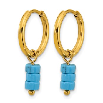Chisel Stainless Steel Polished Yellow IP-plated with Removeable Synthetic Turquoise Dangle Hinged Hoop Earrings — alternate view