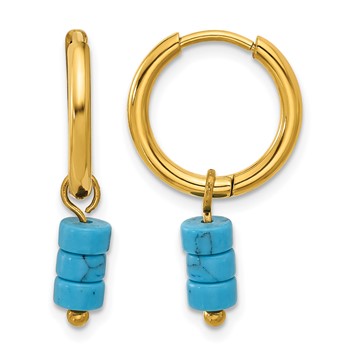 Chisel Stainless Steel Polished Yellow IP-plated with Removeable Synthetic Turquoise Dangle Hinged Hoop Earrings