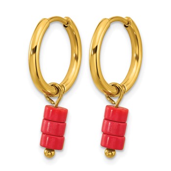 Chisel Stainless Steel Polished Yellow IP-plated with Removable Red Jade Dangle Hinged Hoop Earrings — alternate view