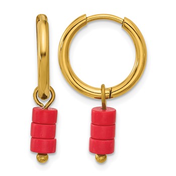 Chisel Stainless Steel Polished Yellow IP-plated with Removable Red Jade Dangle Hinged Hoop Earrings