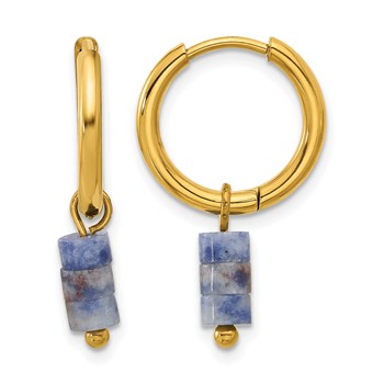 Chisel Stainless Steel Polished Yellow IP-plated with Removeable Blue Sodalite Dangle Hinged Hoop Earrings
