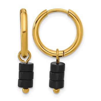 Chisel Stainless Steel Polished Yellow IP-plated with Removeable Black Agate Dangle Hinged Hoop Earrings