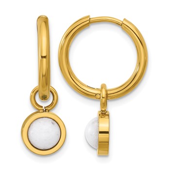 Chisel Stainless Steel Polished Yellow IP-plated with Removeable White Jade Dangle Hinged Hoop Earrings