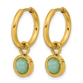 Chisel Stainless Steel Polished Yellow IP-plated with Removeable Green Jade Dangle Hinged Hoop Earrings — alternate view