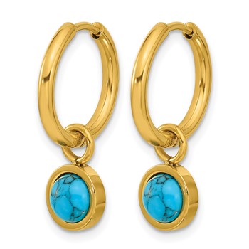 Chisel Stainless Steel Polished Yellow IP-plated with Removeable Synthetic Turquoise Dangle Hinged Hoop Earrings — alternate view