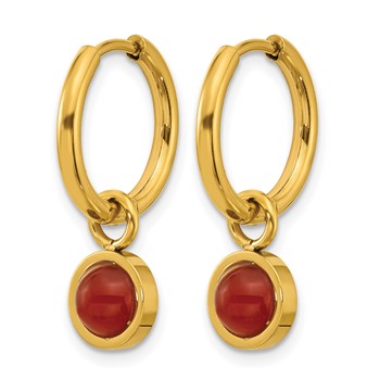 Chisel Stainless Steel Polished Yellow IP-plated with Removeable Red Jade Dangle Hinged Hoop Earrings — alternate view