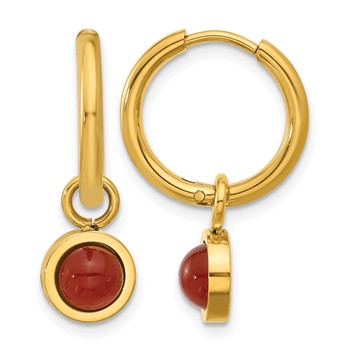 Chisel Stainless Steel Polished Yellow IP-plated with Removeable Red Jade Dangle Hinged Hoop Earrings