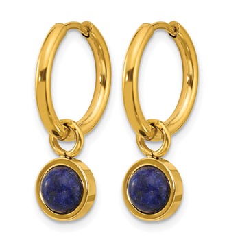Chisel Stainless Steel Polished Yellow IP-plated with Removeable Blue Sodalite Dangle Hinged Hoop Earrings — alternate view
