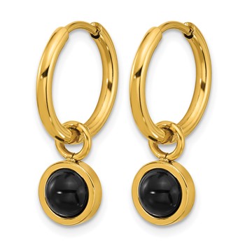 Chisel Stainless Steel Polished Yellow IP-plated with Removeable Black Agate Dangle Hinged Hoop Earrings — alternate view
