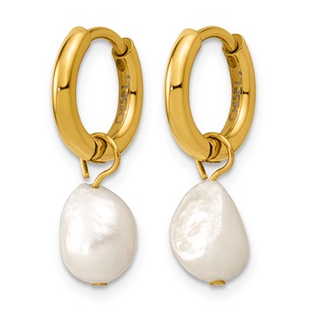 Chisel Stainless Steel Polished Yellow IP-plated White Baroque Freshwater Cultured Pearl Dangle Hinged Hoop Earrings — alternate view