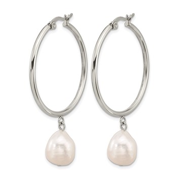 Chisel Stainless Steel Polished White Baroque Freshwater Cultured Pearl Dangle Hoop Earrings — alternate view