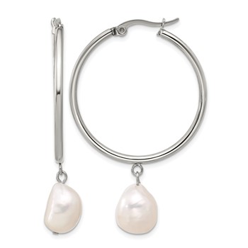 Chisel Stainless Steel Polished White Baroque Freshwater Cultured Pearl Dangle Hoop Earrings