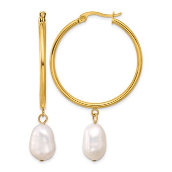 Chisel Stainless Steel Polished Yellow IP-plated White Baroque Freshwater Cultured Pearl Dangle Hoop Earrings
