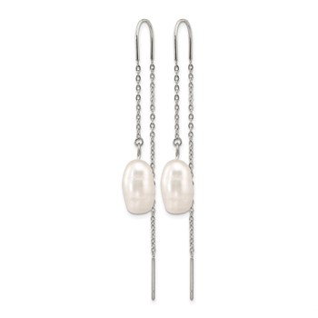 Chisel Stainless Steel Polished White Baroque Freshwater Cultured Pearl Dangle Threader Earrings — alternate view