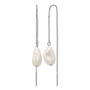 Chisel Stainless Steel Polished White Baroque Freshwater Cultured Pearl Dangle Threader Earrings