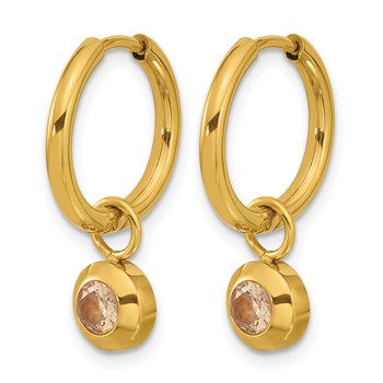 Chisel Stainless Steel Polished Yellow IP-plated with Removeable Champagne CZ Dangle Hinged Hoop Earrings — alternate view
