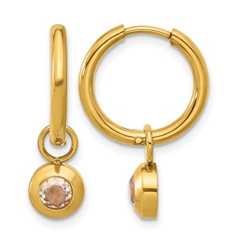 Chisel Stainless Steel Polished Yellow IP-plated with Removeable Champagne CZ Dangle Hinged Hoop Earrings