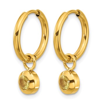 Chisel Stainless Steel Polished Yellow IP-plated with Removeable Yellow CZ Dangle Hinged Hoop Earrings — alternate view