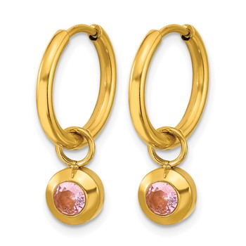 Chisel Stainless Steel Polished Yellow IP-plated with Removeable Pink CZ Dangle Hinged Hoop Earrings — alternate view