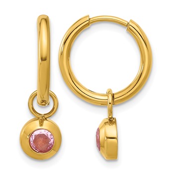 Chisel Stainless Steel Polished Yellow IP-plated with Removeable Pink CZ Dangle Hinged Hoop Earrings