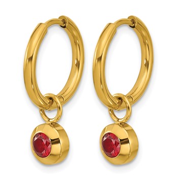Chisel Stainless Steel Polished Yellow IP-plated with Removeable Red CZ Dangle Hinged Hoop Earrings — alternate view