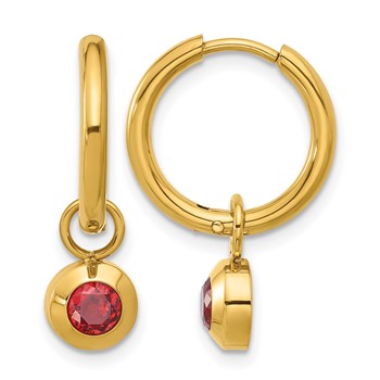 Chisel Stainless Steel Polished Yellow IP-plated with Removeable Red CZ Dangle Hinged Hoop Earrings