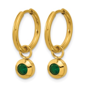 Chisel Stainless Steel Polished Yellow IP-plated with Removeable Green CZ Dangle Hinged Hoop Earrings — alternate view