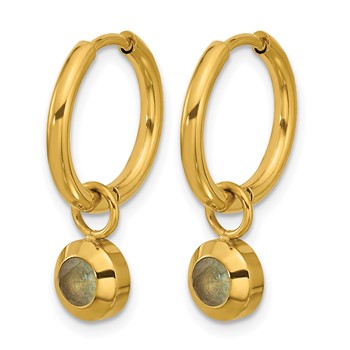 Chisel Stainless Steel Polished Yellow IP-plated with Removeable Light Blue CZ Dangle Hinged Hoop Earrings — alternate view