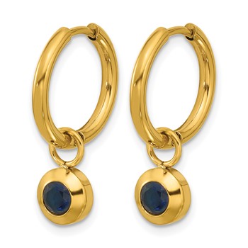 Chisel Stainless Steel Polished Yellow IP-plated with Removeable Blue CZ Dangle Hinged Hoop Earrings — alternate view