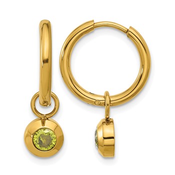 Chisel Stainless Steel Polished Yellow IP-plated with Removeable Green CZ Dangle Hinged Hoop Earrings