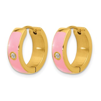 Chisel Stainless Steel Polished Yellow IP-plated with Pink Enamel and CZ 5mm Hinged Hoop Earrings — alternate view