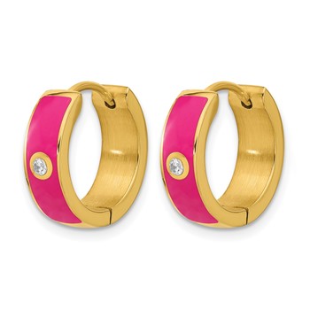 Chisel Stainless Steel Polished Yellow IP-plated with Dark Pink Enamel and CZ 5mm Hinged Hoop Earrings — alternate view