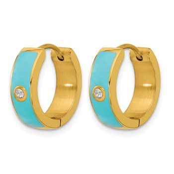 Chisel Stainless Steel Polished Yellow IP-plated with Blue Enamel and CZ 5mm Hinged Hoop Earrings — alternate view