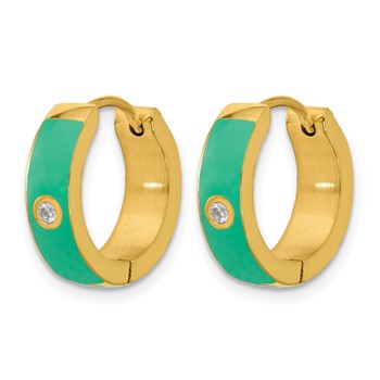 Chisel Stainless Steel Polished Yellow IP-plated with Green Enamel and CZ 5mm Hinged Hoop Earrings — alternate view
