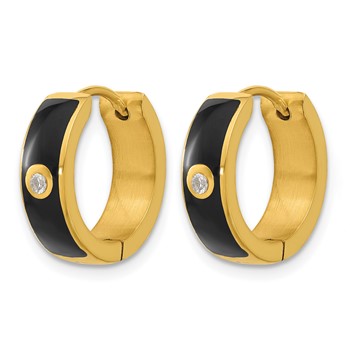 Chisel Stainless Steel Polished Yellow IP-plated with Black Enamel and CZ 5mm Hinged Hoop Earrings — alternate view