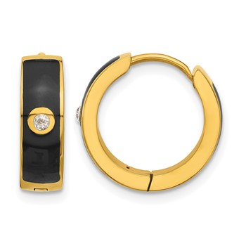 Chisel Stainless Steel Polished Yellow IP-plated with Black Enamel and CZ 5mm Hinged Hoop Earrings