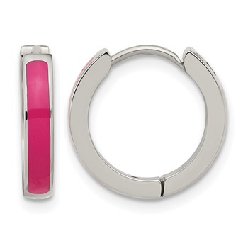 Chisel Stainless Steel Polished with Pink Enamel 2.90mm Hinged Hoop Earrings