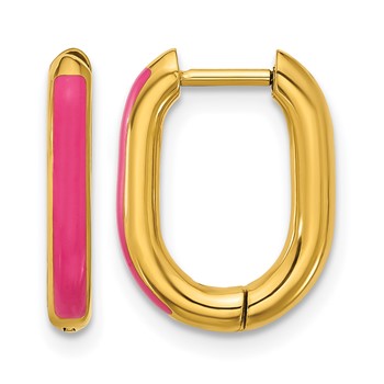 Chisel Stainless Steel Polished Yellow IP-plated with Pink Enamel 2.40mm Elongated Hinged Hoop Earrings