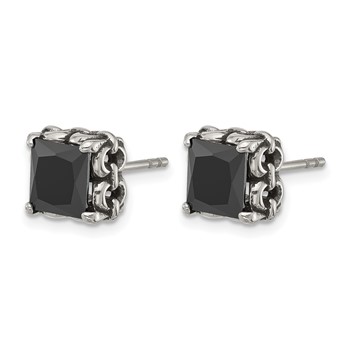 Chisel Stainless Steel Antiqued and Polished Square Black CZ Stud Earrings — alternate view