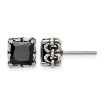 Chisel Stainless Steel Antiqued and Polished Square Black CZ Stud Earrings