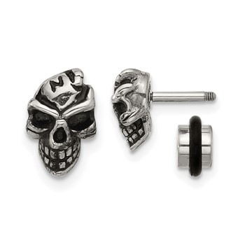 Chisel Stainless Steel Antiqued and Polished Skull Post Earrings